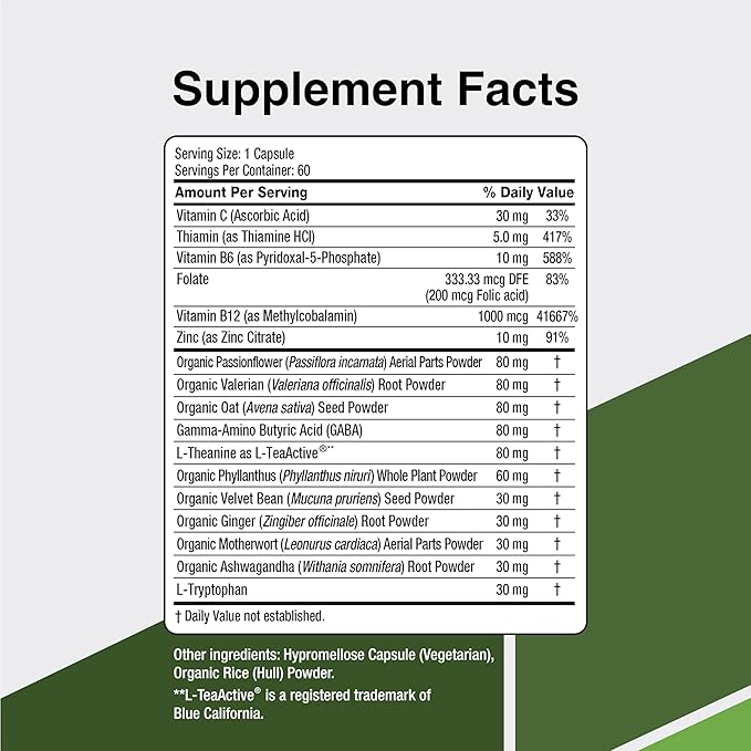 CalmSupport: Stress &amp Relaxation Support - Ashwagandha Passion Flower Valerian Root Ginger GABA Velvet Bean Motherwort Oat Seed L-Theanine L-Tryptophan Folate CB1B6B12Zinc - 60 Caps