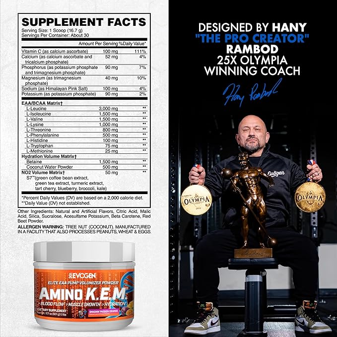 Evogen Amino KEM - Elite EAA Pump Volumizer | Supports Blood Flow Muscle Growth Hydration | Full Spectrum EAAs &amp BCAAs S7 Nitric Oxide Blend | Smashin' Passion Orange | 30 Servings