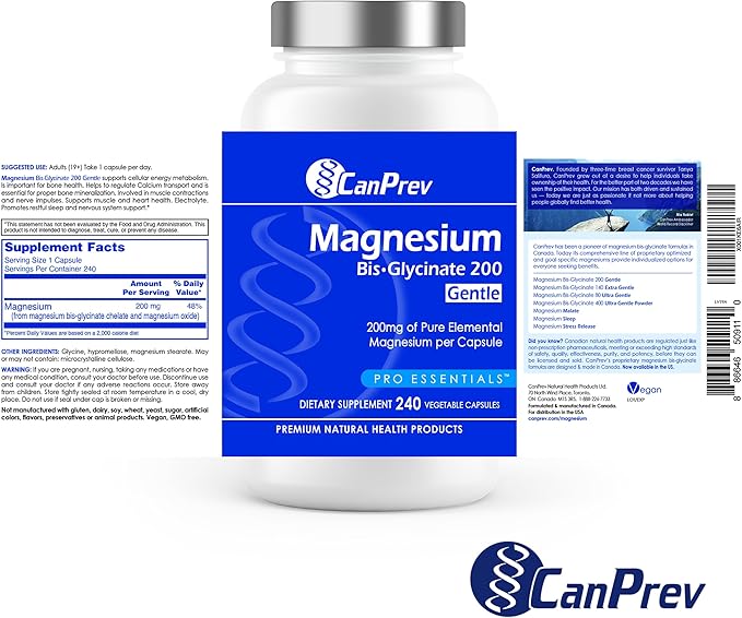 CanPrev Magnesium BisGlycinate Gentle 200mg 240 v-Caps 240-Day Supply - Pure Elemental Magnesium Supplement Supports Bone and Muscle Function Gentle on Stomach Perfect for Daily Magnesium Needs