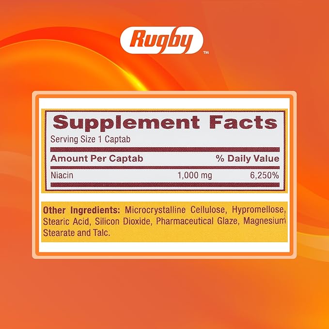 Rugby Timed-Release Niacin 1000mg Dietary Supplement for Adults for Energy Circulation and Metabolism Support 100 Captabs (Pack of 3)