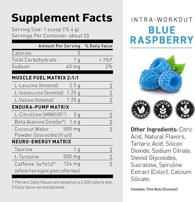 Kaged Intra-Workout Powder In-Kaged BCAAs L-Citrulline &amp Beta-Alanine for Endurance 124mg Organic PurCaf Caffeine Coconut Water Powder 20 Servings Blue Raspberry