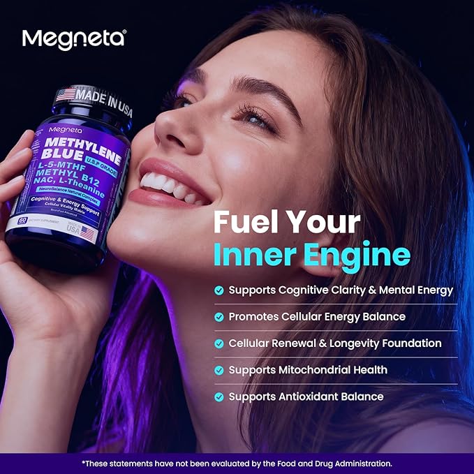 Methylene Blue Pharmaceutical Grade Capsules for Humans - Triple-Pathway Formula with Pure MB NAC L-5-MTHF L-Theanine&amp Methyl B12 | Cognition Mental Clarity Cellular Energy &amp Antioxidant