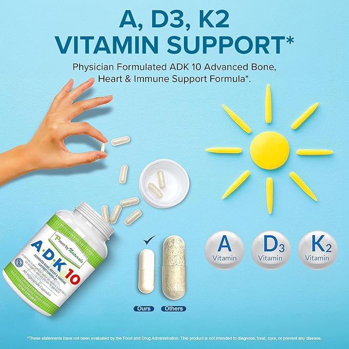 Power By Naturals ADK 10 Vitamin Supplement – Vitamins A D3 &amp K2 MK-7 for Bone Heart &amp Immune Health – Gluten-Free Soy-Free – 90 Capsules (3-Month Supply)