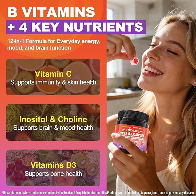 Methylated B Complex Vitamins Gummies 12-in-1 Formula + Methyl B12 1000 mcg 5-MTHF Methylfolate Inositol Choline Vitamin C D3 Multivitamin B Complex for Women &amp Men Energy Focus 60cts