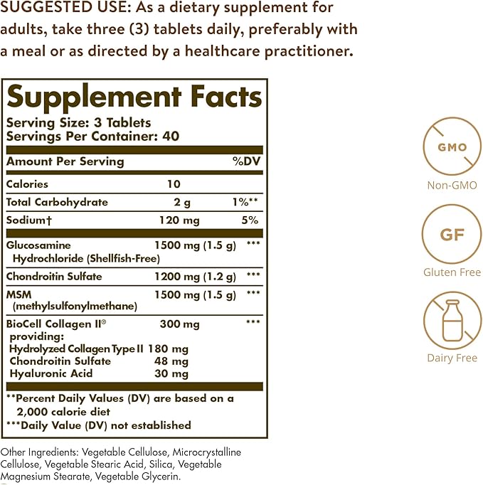 SOLGAR Glucosamine Hyaluronic Acid Chondroitin MSM 120 Tablets &amp Skin Nails &amp Hair Advanced MSM Formula 120 Tablets