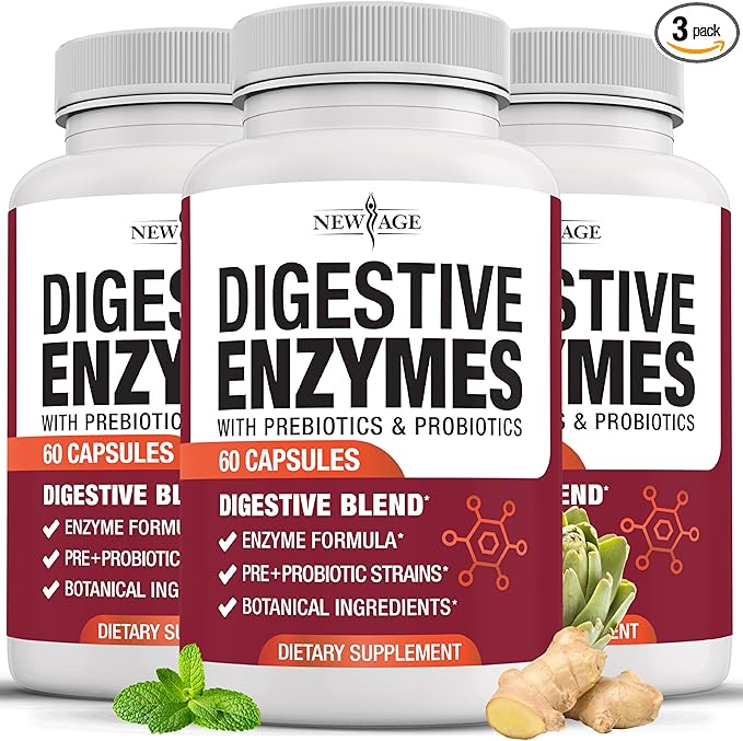 NEW AGE Digestive Enzymes for Gut Health - Probiotic Multi Enzymes with Prebiotics and Probiotics with Lipase for Women and Men for Digestive Health Daily Enzymes for Digestion - 180 Count