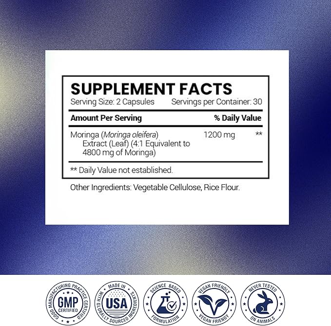 Research Verified Moringa Oleifera - 100% Pure Extract- 1200 mg Per Serving - 60 Count - 3 Month Supply