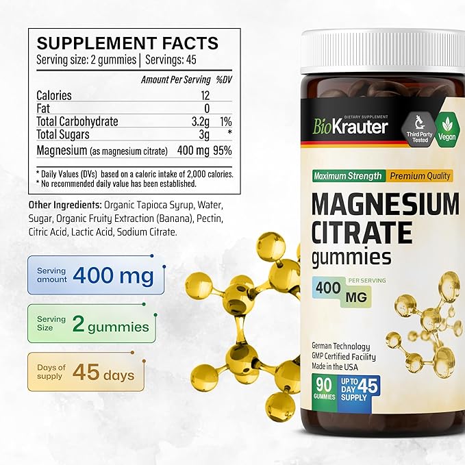 BIO KRAUTER Magnesium Citrate for Relaxation &amp Sleep Support - Magnesium Gummies 400 mg for Daily Wellness - Natural 90 Calm Gummies 45-Day Supply - Non-GMO Banana Flavor