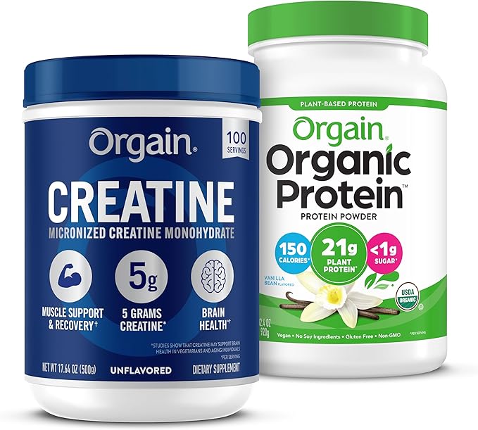 Orgain Creatine Monohydrate Powder 17.64 Oz (100 Servings) &amp Organic Vegan Vanilla Bean Protein Powder 2.03 lb Bundle - Plant-Based Protein and Muscle Support