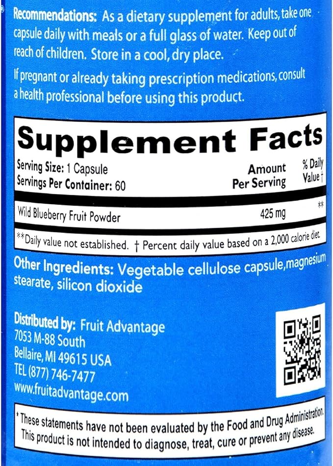 Wild Blueberry Dietary Supplement (6-Pack): 60 Vegetarian Capsules 425 mg