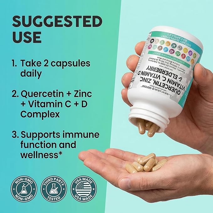 Q Defend Quercetin Supplement with Zinc Vitamin C Vitamin D Elderberry Turmeric Black Pepper Garlic Ginger Sea Moss Lysine Stinging Nettle Reishi Mushroom Immune Support 60 Capsules by Clean Nutra