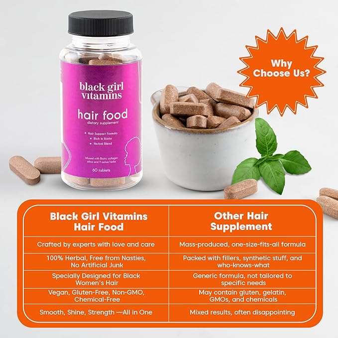 Black Girl Vitamins - Hair Food Biotin Supplement with Collagen for Hair Growth Support Vegan Gluten-Free 60ct