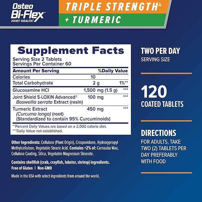 Osteo Bi-Flex Glucosamine Triple Strength Plus Turmeric Supplement with Curcumin for Joint Support and Range of Motion 60 Day Supply 120 Coated Tablets Joint Health Nutritional Supplements