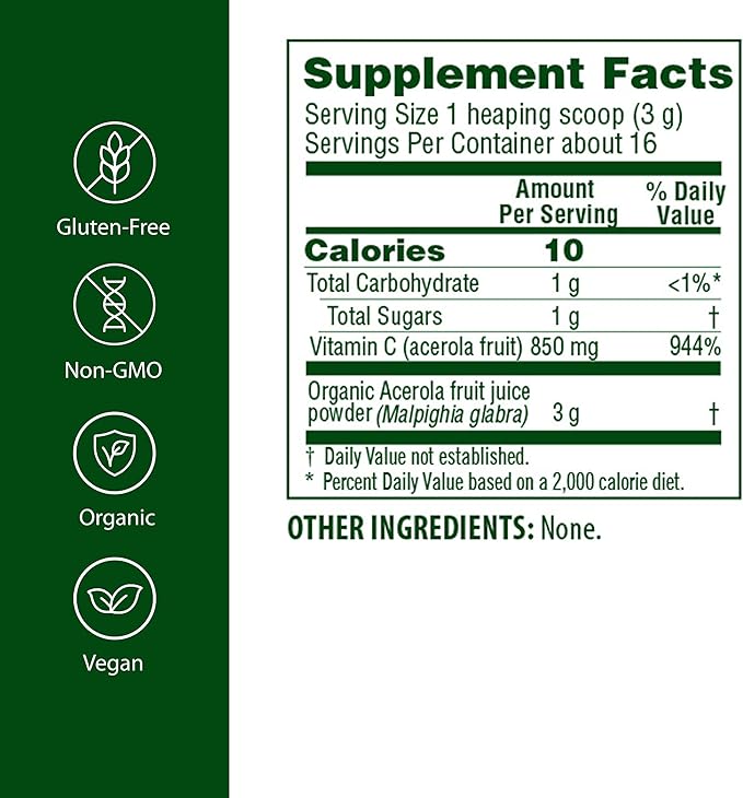 Flora Acerola Powder - Vitamin C &amp Antioxidants - Immune Support Supplement - Organic Non-GMO &amp Vegan - 1.7 oz. Glass Bottle