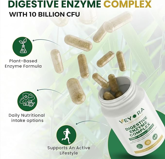 Digestive Enzyme Complex 1000 mg | 60 Vegan Capsules | with Probiotic &amp Inulin Fiber | Multi-Source Clean Label Formula | Non-GMO | Gluten-Free