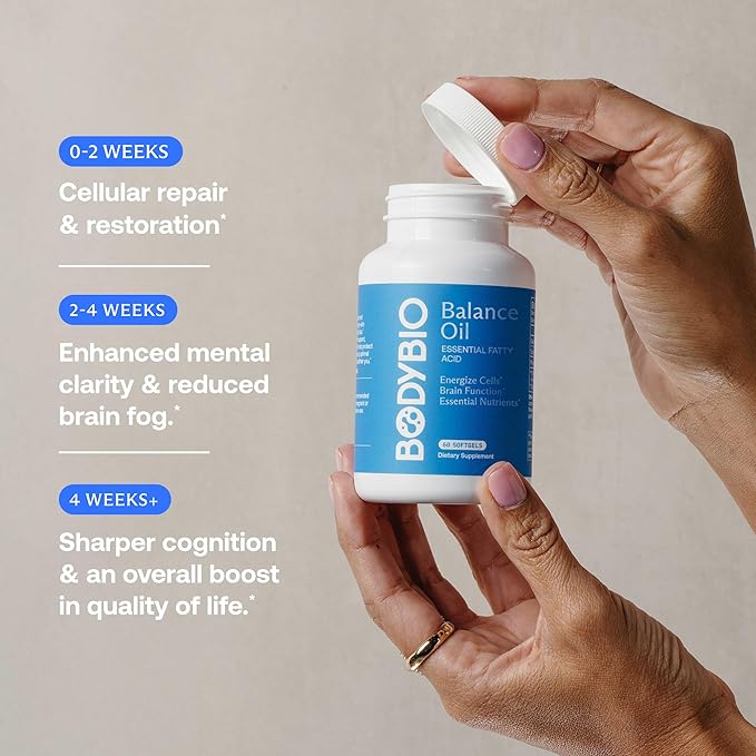 BodyBio Balance Oil - Vegan Omega 3 6 Supplement – Cold-Pressed Safflower &amp Flaxseed Oil – Supports Brain Function Healthy Skin and Mood