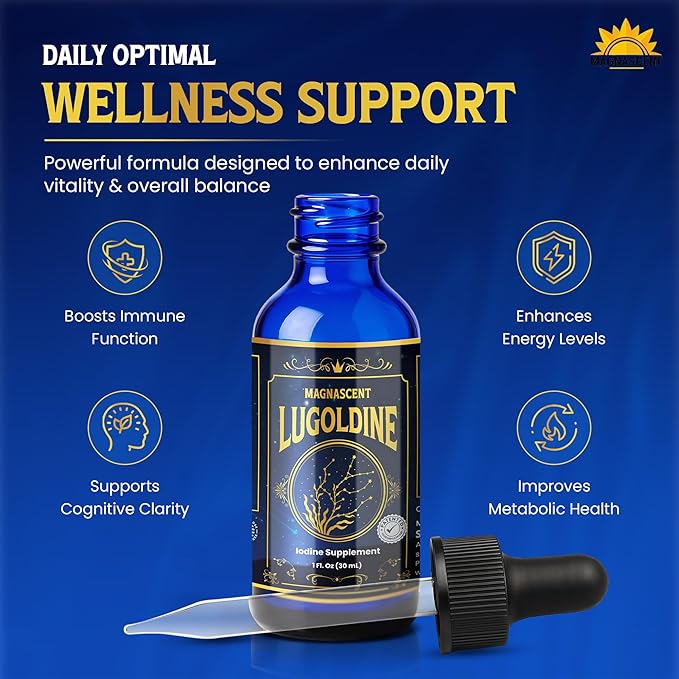 Lugoldine Iodine Drops 1 oz – Patented Process (US20090022816A1) 150 mcg Iodine (100% Daily Value) Alcohol-Free &amp Glycerin-Free Liquid Iodine Supplement (1 Ounce (Pack of 1))