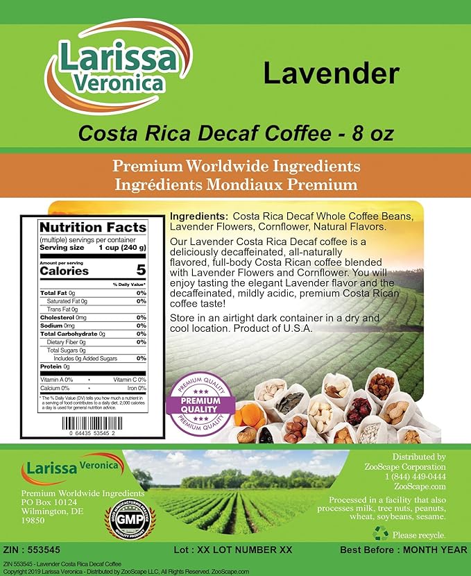 Lavender Costa Rica Decaf Coffee (Gourmet Naturally Flavored Whole Coffee Beans) (8 oz ZIN: 553545) - 3 Pack