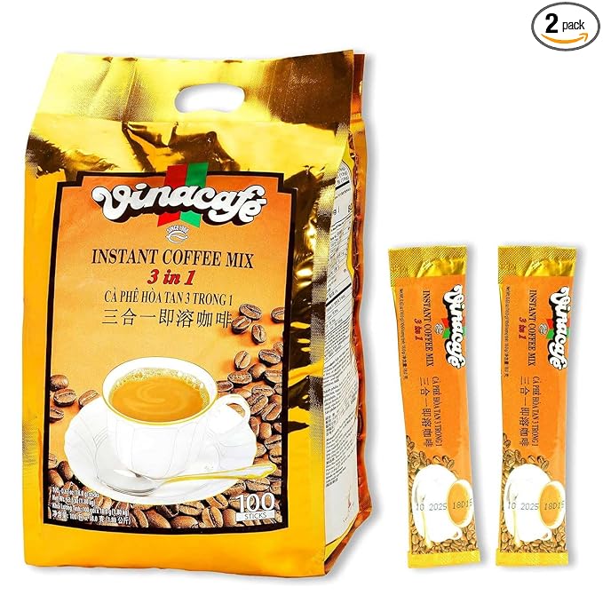 Vinacafe Vietnamese Instant Coffee 3-in-1 Mix – 100 Sticks (0.63oz Each) Smooth Medium Roast Premium Milk Coffee Blend for Home Office &amp Travel (2 PACK)