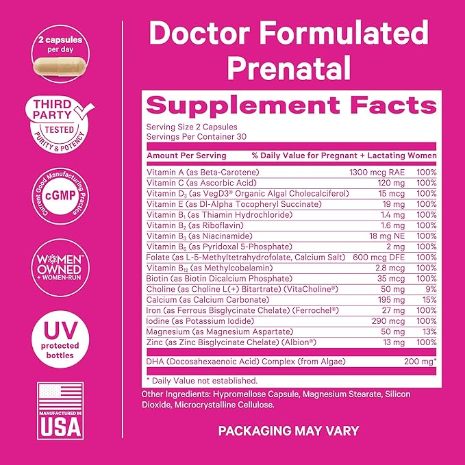 Pink Stork Total Prenatal Vitamins with DHA Folate Iron Choline and Vitamin B12 - Preconception Nutrition - Prenatals for Women Pregnancy Must Haves - Mint Essence 180 Capsules 3 Month Supply