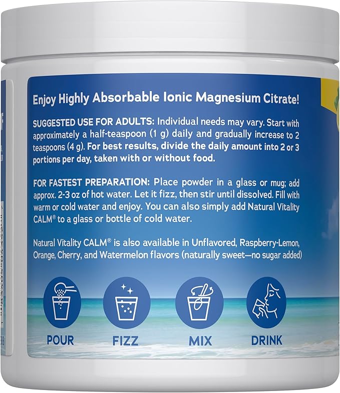 Natural Vitality Calm Magnesium Supplement Anti-Stress Drink Mix Powder Gluten Free Vegan &amp Non-GMO Sweet Lemon 8 oz