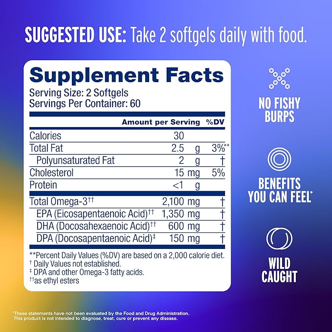 Oceanblue Professional Omega-3 2100mg Fish Oil Supplement Triple Strength High Potency EPA DHA &amp DPA Burpless Wild-Caught Natural Orange Flavor 120 Count Softgels (Pack of 2)