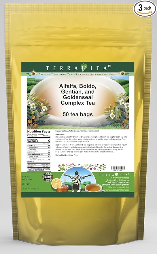 Alfalfa Boldo Gentian and Goldenseal Complex Tea (50 tea bags ZIN: 512008) - 3 Pack