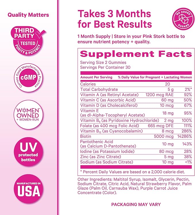 Pink Stork Postpartum Hair Loss Gummies | Biotin Pantothenic Acid Vitamin E B6 B12 | Postnatal Hair Growth + Regrowth Support | Breastfeeding-Friendly | Postpartum Essentials | 60 Gummies
