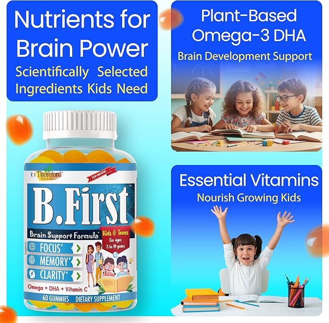 B.First Focus Gummies for Kids &amp Teens | Kids Focus and Attention Supplements with Omega 3 DHA – Memory Vitamins for Concentration Mental Clarity &amp Cognitive Support-60ct