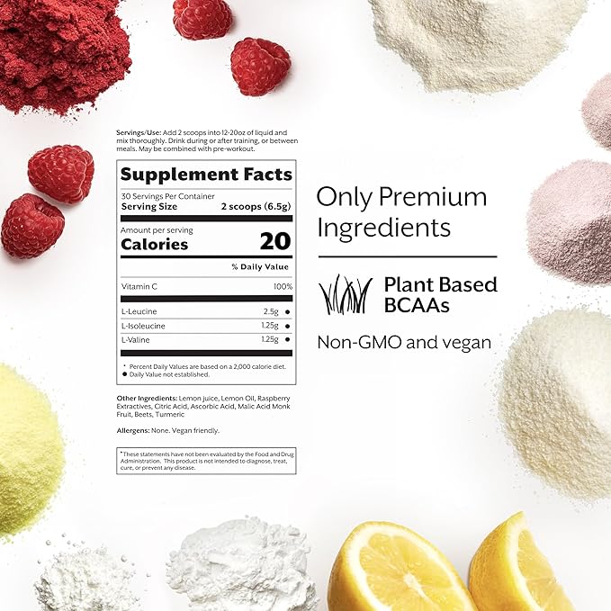 Promix BCAA Post-Workout Energy Powder - 5g Micronized BCAAs Sugar Free Plant Based Vegan Keto - Raspberry Lemon - 30 Servings (Pack of 1)