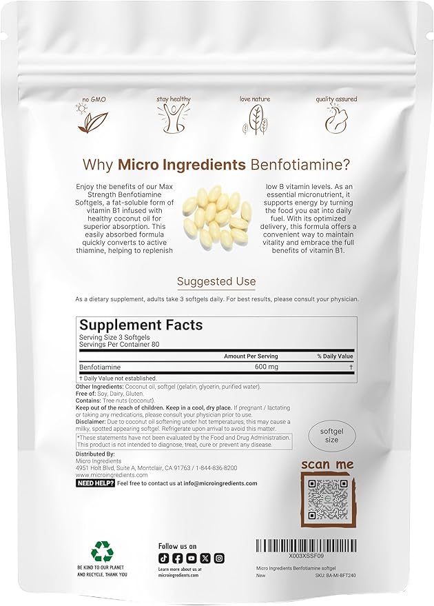 Vitamin B1 Benfotiamine 600mg Per Serving 240 Coconut Oil Softgels | Bioavailable B Vitamins Supplement Converted to Active Thiamine | Non-GMO Soy Free