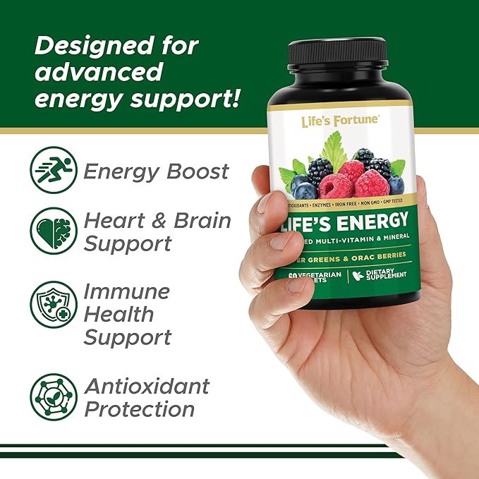 Life's Energy Advanced Daily Multivitamin for Men &amp Women Energy and Immune Support Supplement with Super Greens Antioxidants Enzymes - Iron Free Vegetarian 60 Tablets by Life's Fortune