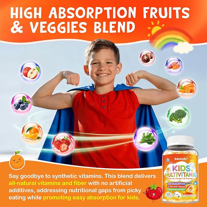 Kids Multivitamin Gummies - Vitamins A D3 K2 Methylated B-Complex with Omega-3 Iron for Immune &amp Development Support - Organic Mixed-Berry Flavor Multivitamins for Kids Daily - Sugar Free &amp