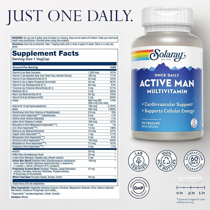 SOLARAY Once Daily Active Man Multivitamin - Cellular Energy and Immune Support Supplement w/Vitamin D Vitamin C B12 B6 Zinc Lutein Digestive Enzymes Whole Foods 60-Day Guarantee 90 Servings