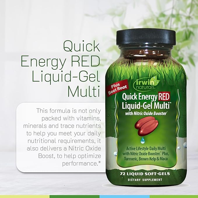 Irwin Naturals Quick Energy RED Liquid-Gel Multi with Nitric Oxide Booster - 72 Liquid Softgels - with Nitric Oxide Booster Turmeric Brown Kelp Maca &amp Beet Root