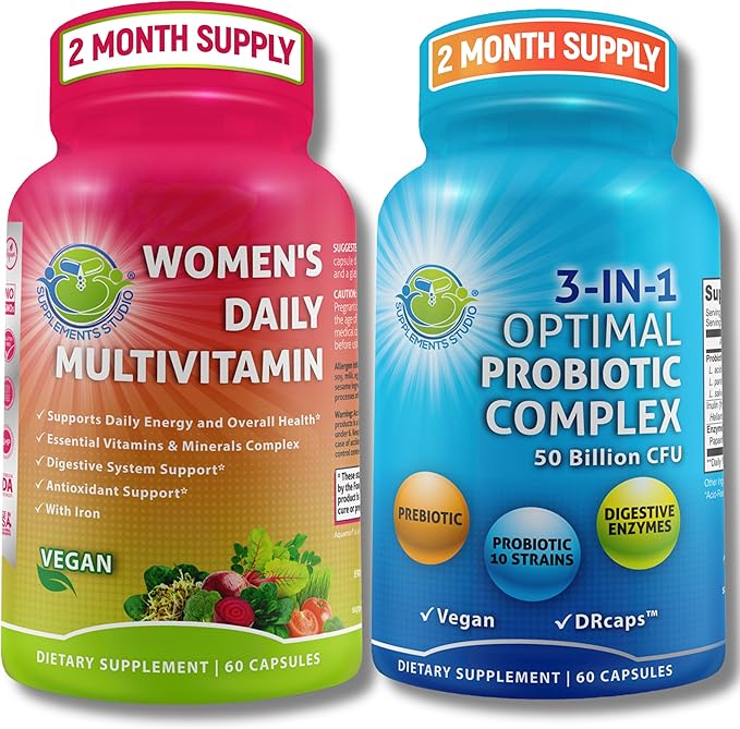 Women’s Multivitamin &amp Probiotic Support Bundle – 3-in-1 Probiotic with Digestive Enzymes &amp Prebiotic &amp Women’s Daily Multivitamin with Iron – Vegan Non-GMO Clean Daily Wellness Support