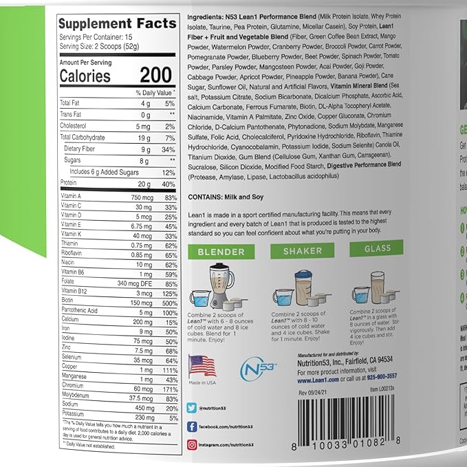 Lean1 Vanilla Meal Replacement Protein Shake 15 Serving Tub