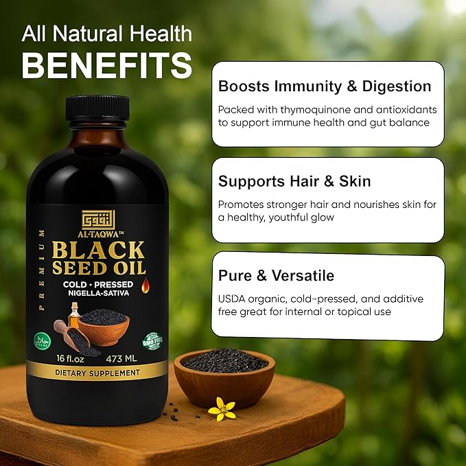 AL-TAQWA Black Seed Oil – Extra Virgin Nigella Sativa (Kalonji) Oil for Hair Skin &amp Wellness – Cold-Pressed Unrefined Non-GMO Vegan Halal – 16oz Amber Glass Bottle