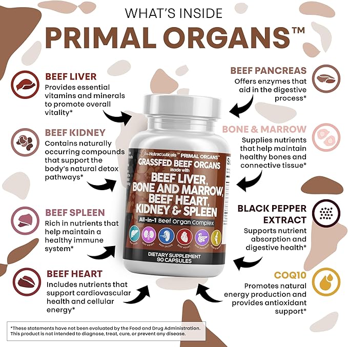 Clean Nutraceuticals Grass Fed Beef Liver Capsules - Premium Quality Supplement Packed with Desiccated Beef Heart Spleen Pancreas Plus Bone &amp Marrow Dao Enzyme Pills
