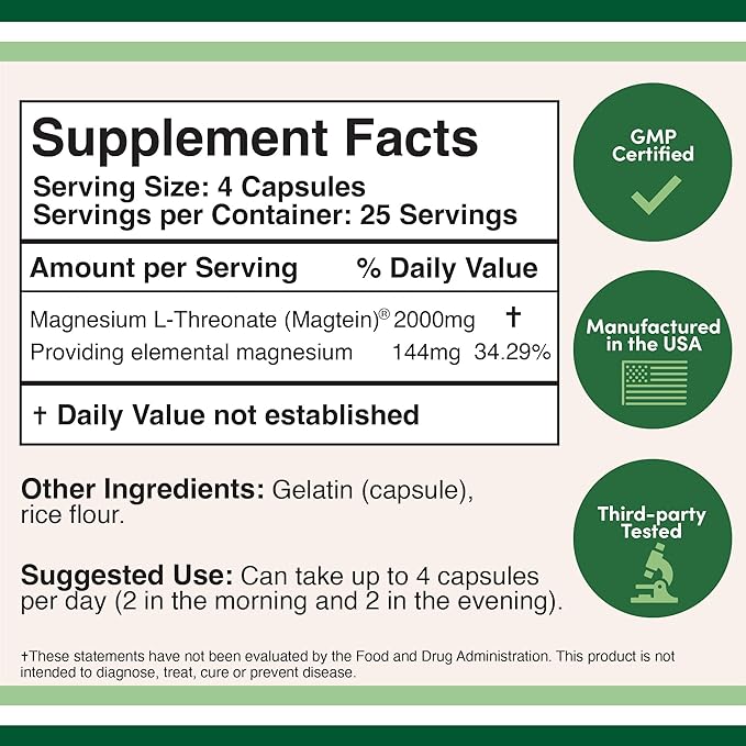 Magnesium L Threonate Magtein™ Sleep and Cognitive Support – High Absorption – Most Bioavailable Form of Magnesium – 2000 mg – 100 Capsules