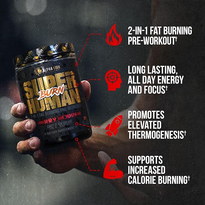ALPHA LION Superhuman Burn – 2 in 1 Metabolism Booster Pre Workout and Thermogenic Fat Burner for Men – Appetite Suppressant and Weight Loss Supplement (21 Servings Sweet Black Cherry Flavor)