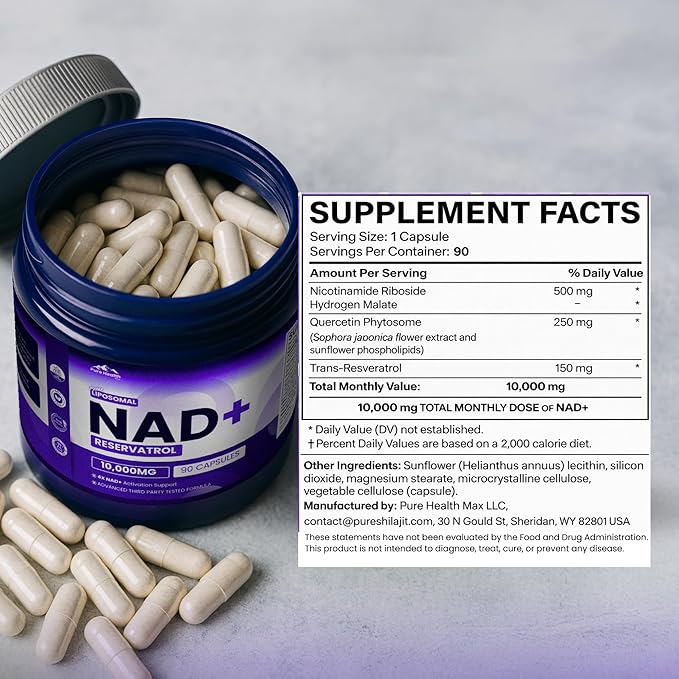 PHM NAD Resveratrol Supplement - 10000mg Extra Strength | NAD+ Liposomal Supplements for Men and Women | NMN &amp NMNH Alternative | 90 Capsules 1.5 Months Supply