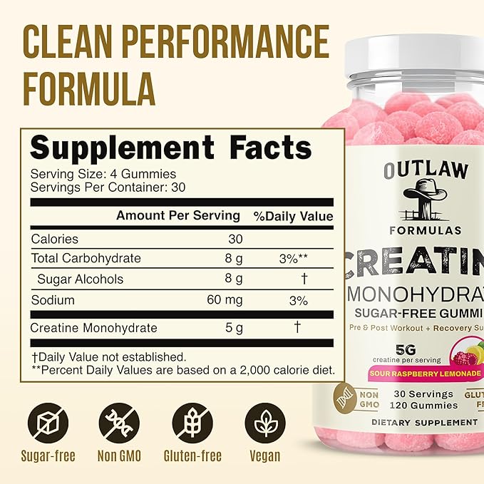 Creatine Gummies - Creatine Monohydrate 5g for Muscle Strength Recovery &amp Cognitive Support - Zero Sugar Made in USA Vegan Non-GMO - Sour Raspberry Lemonade - 120 Count