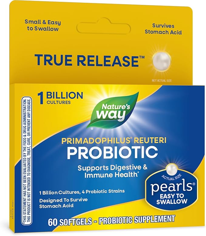 Nature's Way Primadophilus Reuteri Probiotic Pearls for Men and Women Digestive and Immune Health* 1 Billion Culture 4 Probiotic Strains Survives Stomach Acid 60 Softgels