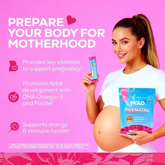 MOLO Prenatal Multi-Vitamin Drink Mix for Women – Packed with essential vitamins &amp antioxidants DHA Omega-3 Methylfolate – 30 Stick Packs with Sweet Orange Flavor – Vegetarian Gluten-Free &amp