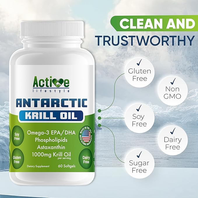 Active Lifestyle Antarctic Krill Oil Supplement High Absorption EPA DHA Astaxanthin &amp Phospholipid Red Krill GMO Free Gluten Free Soy Free Dairy Free Lab Tested Made in USA
