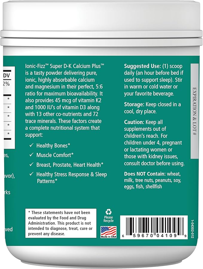 Ionic Fizz Super D-K Calcium Plus by Pure Essence - with Extra Magnesium Vitamin D3 Vitamin K2 for Strong Bones and Stress Support - Mixed Berry - 14.82oz