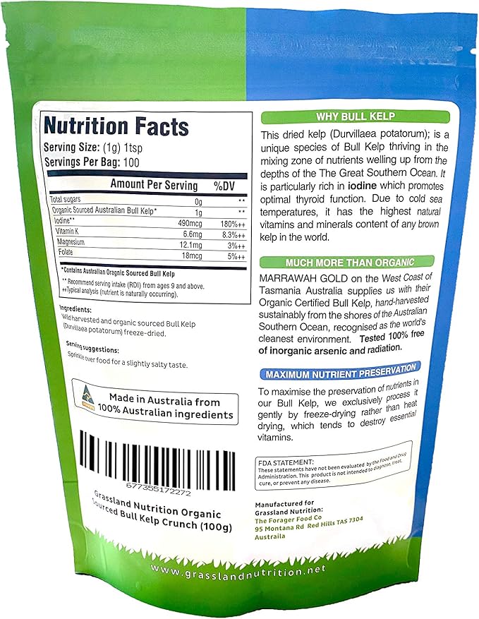 Grassland Nutrition Organic Bull Kelp Crunch (Durvillaea potatorum) 3.5 OZ - Natural Iodine for Thyroid Support sustainably Wild harvested No GMOs and Vegan Friendly
