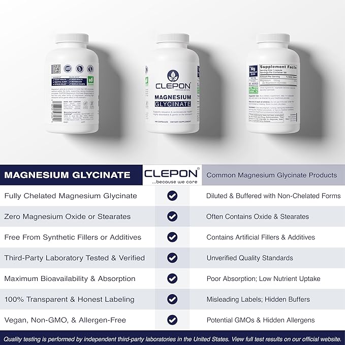 Magnesium Glycinate - 100% Chelated for High Absorption - 180 Capsules - 100mg Elemental Magnesium per Capsule - Relaxation Muscle Cramps Relief &amp Sleep Support - 3rd Party Tested Vegan