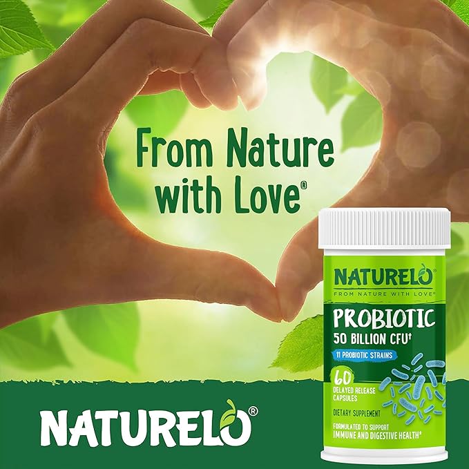 NATURELO Probiotics for Digestive Health - 50 Billion CFU 11 Strains Daily Use Supplement - Boosts Immune System Delayed Release No-Fridge 60 Vegetarian Capsules (Pack of 2)